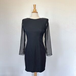 Vintage Solid Black Long Sheer Sleeve Sheath Cocktail Dress
